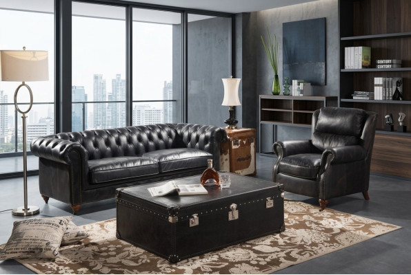 Ensemble canapé Chesterfield de luxe 3+1 places Table basse Set de 4 pièces Canapé en cuir