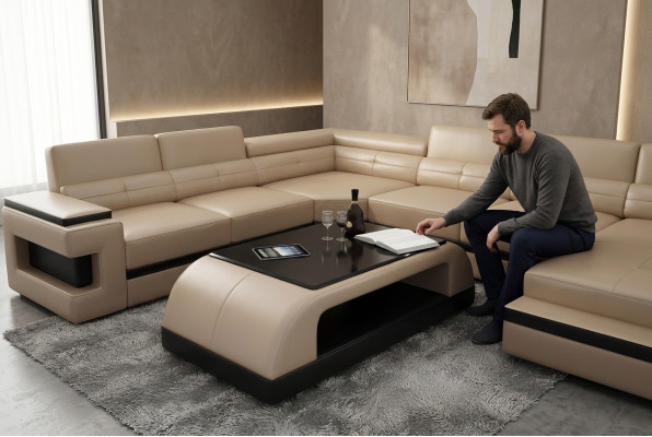 Table Basse en Verre Design Canapé Table Basse Table de Salon en Cuir Tabourets de Canapé