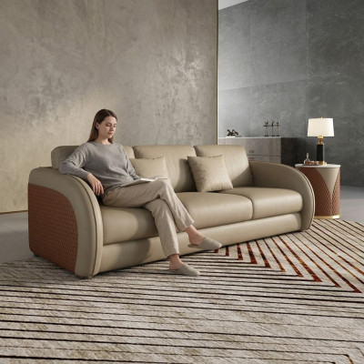 Canapé trois places en tissu de design pour salon moderne, canapés 3 places, mobilier de salon beige.