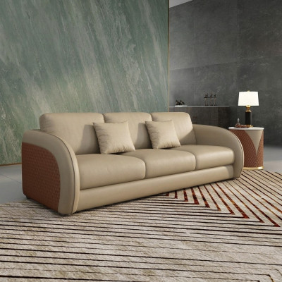 Canapé trois places en tissu de design pour salon moderne, canapés 3 places, mobilier de salon beige.