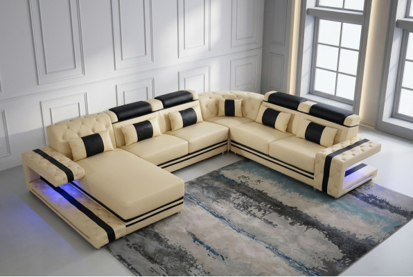 Revêtement en cuir Modèle de siège en cuir Canapé d'angle moderne Ensemble de salon en forme de U Paysage de vie USB LED