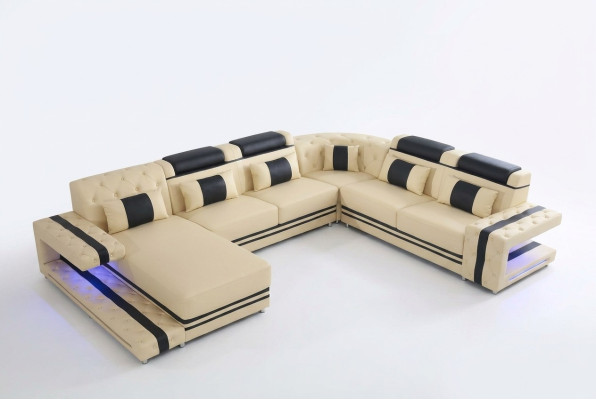 Revêtement en cuir Modèle de siège en cuir Canapé d'angle moderne Ensemble de salon en forme de U Paysage de vie USB LED