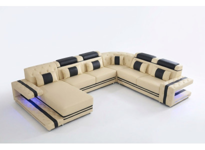 Revêtement en cuir Modèle de siège en cuir Canapé d'angle moderne Ensemble de salon en forme de U Paysage de vie USB LED