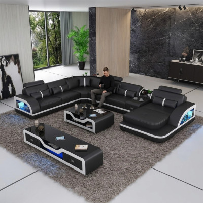 Canapé d'angle noir avec table basse, 2 pièces. Ensemble de canapés en cuir pour le salon avec table d'angle.