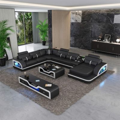 Canapé d'angle noir avec table basse, 2 pièces. Ensemble de canapés en cuir pour le salon avec table d'angle.