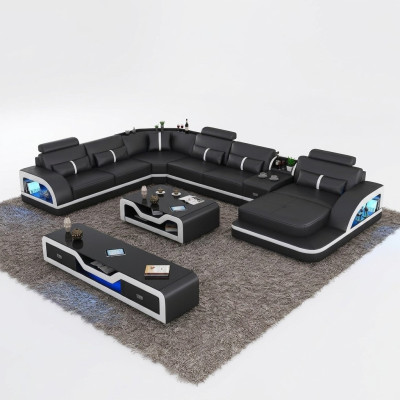 Canapé d'angle noir avec table basse, 2 pièces. Ensemble de canapés en cuir pour le salon avec table d'angle.