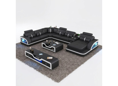 Canapé d'angle noir avec table basse, 2 pièces. Ensemble de canapés en cuir pour le salon avec table d'angle.
