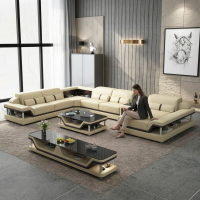 Canapé d'angle beige avec table basse 2 pièces. Ensemble canapé en cuir pour salon avec table d'appoint.