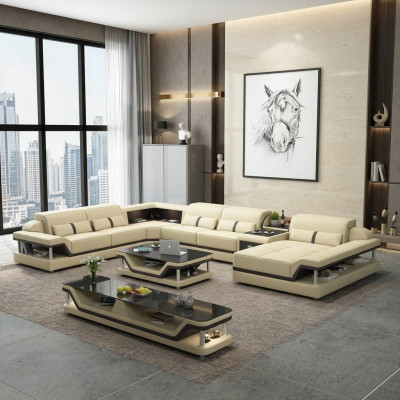 Canapé d'angle beige avec table basse 2 pièces. Ensemble canapé en cuir pour salon avec table d'appoint.