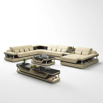 Canapé d'angle beige avec table basse 2 pièces. Ensemble canapé en cuir pour salon avec table d'appoint.