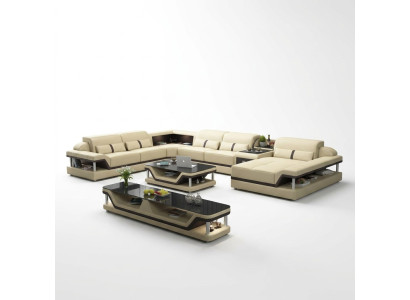 Canapé d'angle beige avec table basse 2 pièces. Ensemble canapé en cuir pour salon avec table d'appoint.