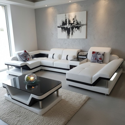Canapé d'angle en U Table basse Ensemble rembourré Suite paysage vivant Design Canapé d'angle Led usb