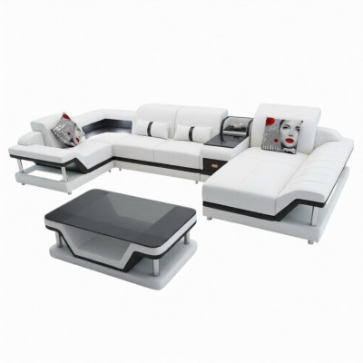Canapé d'angle en U Table basse Ensemble rembourré Suite paysage vivant Design Canapé d'angle Led usb