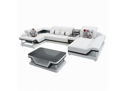 Canapé d'angle en U Table basse Ensemble rembourré Suite paysage vivant Design Canapé d'angle Led usb