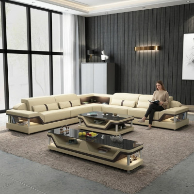 Canapé d'angle noir avec table basse 3 pièces. Ensemble de canapés en cuir pour le salon en forme de L avec table.
