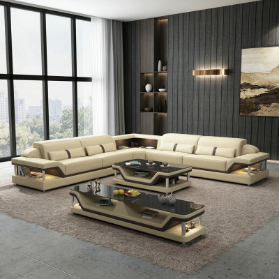 Canapé d'angle noir avec table basse 3 pièces. Ensemble de canapés en cuir pour le salon en forme de L avec table.
