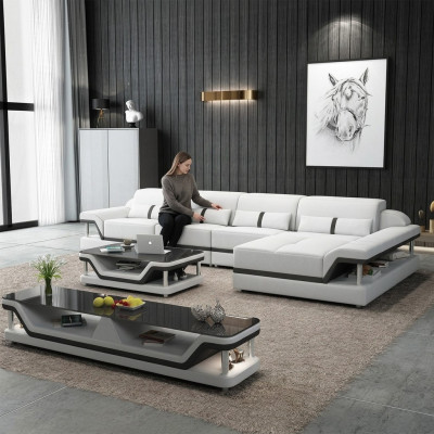 Canapé d'angle en cuir en forme de L Canapé Lounge Canapé d'angle Suite Design Moderne Canapé USB