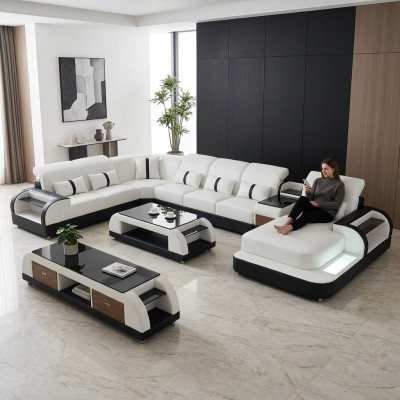 Paysage vivant Canapé Rembourrage Canapé Ensemble de 3 pièces Table basse Buffet Cuir