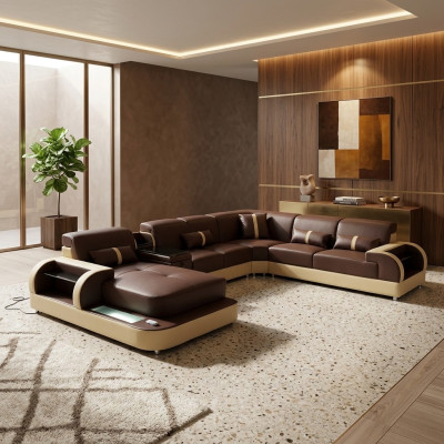 Canapé en cuir Canapé design Canapé en U en forme de paysage vivant Canapé rembourré Canapé d'angle Suite nouvelle