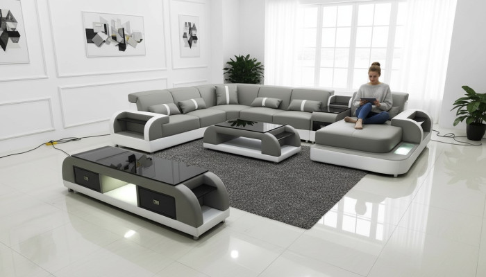 Suite de design Canapé d'angle Canapé Canapé en forme de U Table basse en cuir 2 pièces