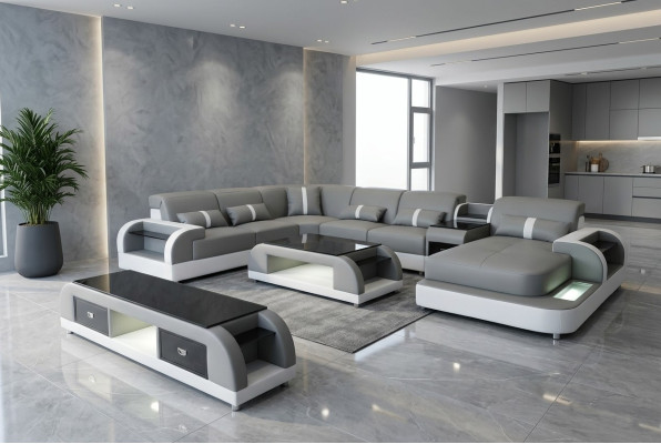 Suite de design Canapé d'angle Canapé Canapé en forme de U Table basse en cuir 2 pièces