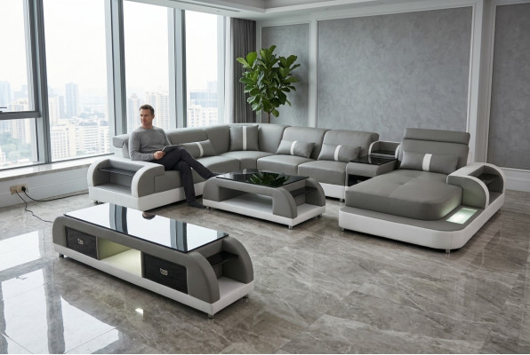 Canapé d'angle en cuir de salon avec lumière USB et suite éclairée de paysage de vie.