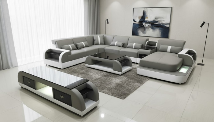Canapé d'angle en cuir de salon avec lumière USB et suite éclairée de paysage de vie.