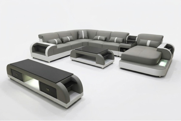 Canapé d'angle en cuir de salon avec lumière USB et suite éclairée de paysage de vie.