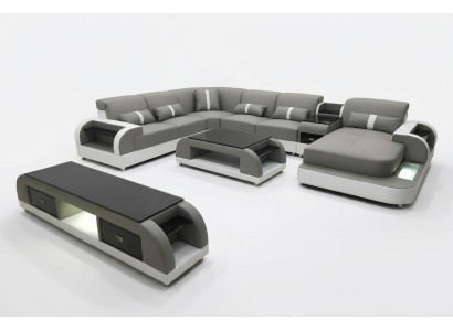 Canapé d'angle en cuir de salon avec lumière USB et suite éclairée de paysage de vie.