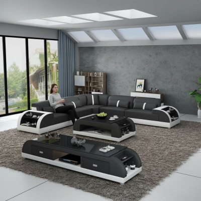 Canapé en cuir Canapé d'angle en L Paysage de vie Canapé d'angle Suite de design moderne Canapé USB