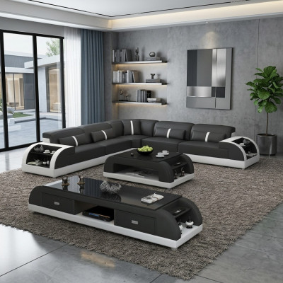 Canapé en cuir Canapé d'angle en L Paysage de vie Canapé d'angle Suite de design moderne Canapé USB