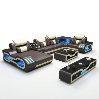 Canapé d'angle en forme de U Table basse Canapé en cuir Paysage vivant Canapé design Ensemble de 2 pièces à LED USB