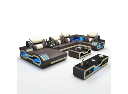 Canapé d'angle en forme de U Table basse Canapé en cuir Paysage vivant Canapé design Ensemble de 2 pièces à LED USB