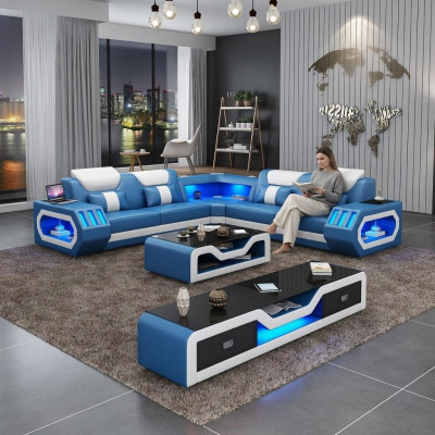 Canape d'angle en L Table basse Canape Divan Design Tapisserie Cuir Moderne Bleu Table Nouveau