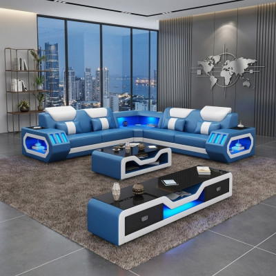 Canape d'angle en L Table basse Canape Divan Design Tapisserie Cuir Moderne Bleu Table Nouveau