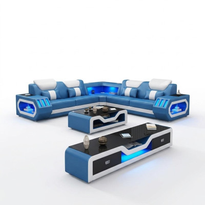 Canape d'angle en L Table basse Canape Divan Design Tapisserie Cuir Moderne Bleu Table Nouveau