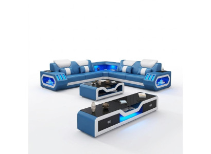 Canape d'angle en L Table basse Canape Divan Design Tapisserie Cuir Moderne Bleu Table Nouveau