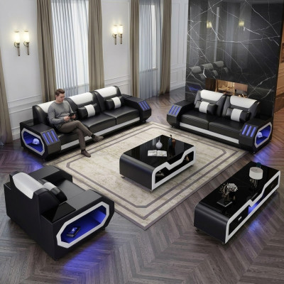 Canapé en cuir Canapé Paysage de vie 3-2-1 Suite de places Design Canapé moderne avec USB