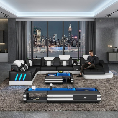 Canapé d'angle en forme de U Table basse Ensemble de rembourrage Suite Paysage vivant Design Canapé d'angle Led
