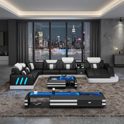 Canapé d'angle en forme de U Table basse Ensemble de rembourrage Suite Paysage vivant Design Canapé d'angle Led