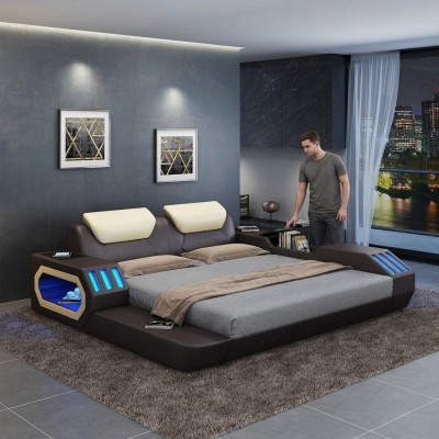 Cadre de lit de design de luxe Lit Lits en cuir USB de luxe Double Lit rembourré d'hôtel