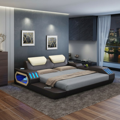 Cadre de lit de design de luxe Lit Lits en cuir USB de luxe Double Lit rembourré d'hôtel