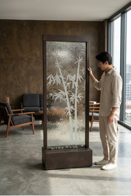 Partition murale moderne avec cascade d'eau décorative et éclairage LED.