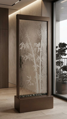 Partition murale moderne avec cascade d'eau décorative et éclairage LED.
