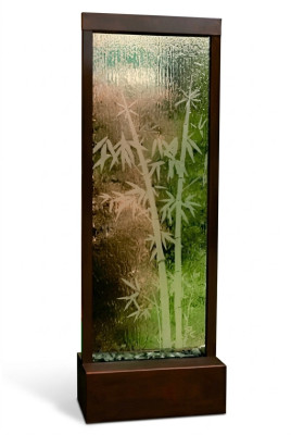 Partition murale moderne avec cascade d'eau décorative et éclairage LED.