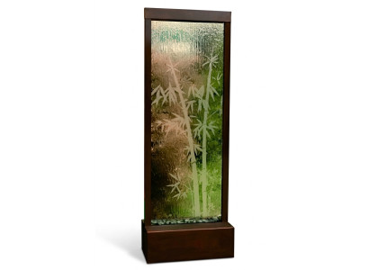 Partition murale moderne avec cascade d'eau décorative et éclairage LED.