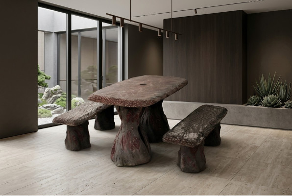Mobilier de jardin table avec 2 bancs ensemble de jardin en pierre bois