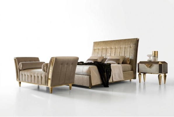 Lit 2x Table de chevet Chaise longue Ensemble de chambre à coucher 4 pièces Mobilier Lits de luxe modernes