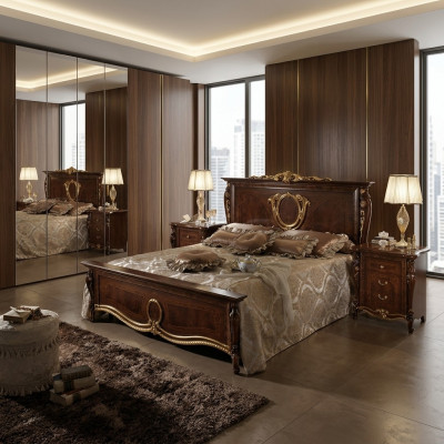 Lit 2x Table de chevet 3 pcs Ensemble de chambre à coucher Design Mobilier luxueux moderne classique