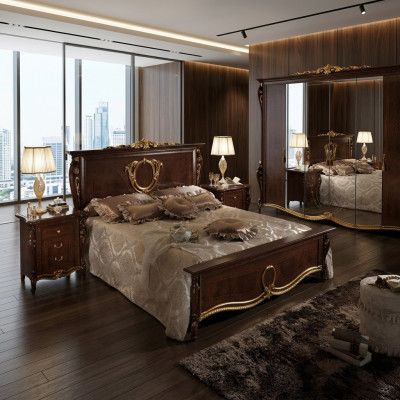Ensemble de chambre classique avec lit 2x, table de chevet, mobilier de luxe avec lits en bois 3 pièces neuf